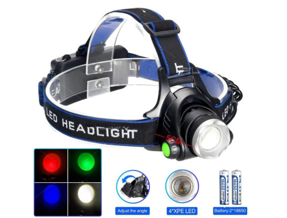 Ліхтар налобний PLD-V9-F-4XPE(RGB), 2x18650, ЗУ Type-C, zoom, Box