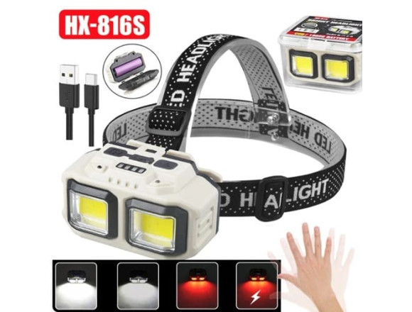 Фонарь налобный HX-816S-2COB(White+Red), Motion Sensor, Waterproof, 1x18650, ЗУ Type-C
