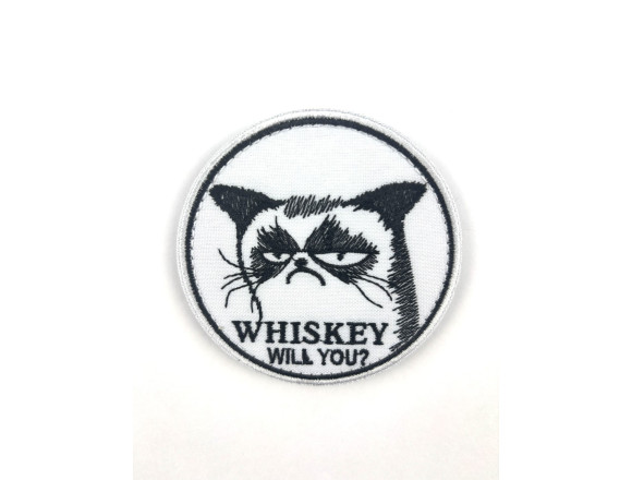 Шеврон WHISKEY WILL YOU?, білий, на липучці, 8,5 см